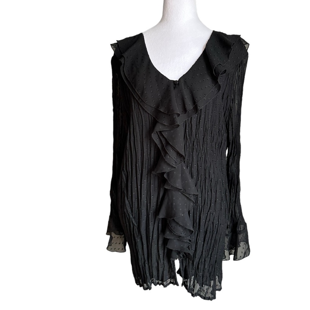 Avenue Black Long Sleeve Ruffle Button Down V-neck Blouse Size 22/24